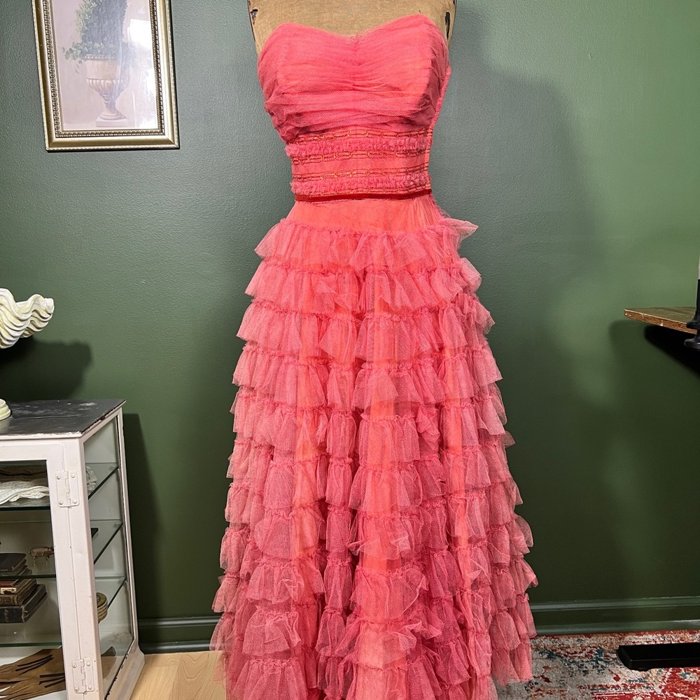 1940s Cotillion Pink Strapless Tulle Gown